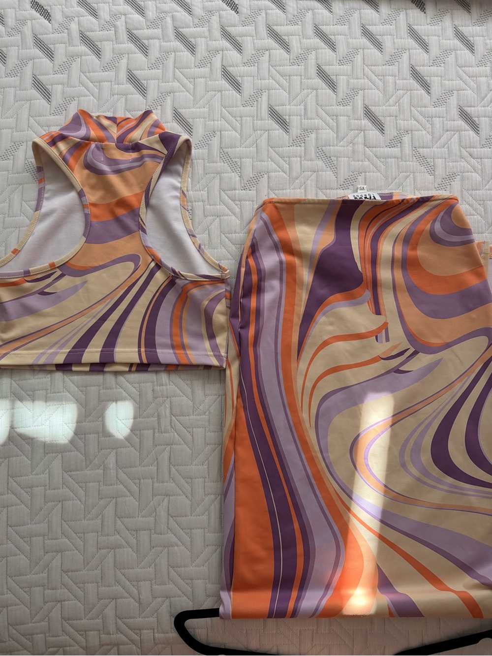 Farai London Cream Crop Top with skirt set  Purple & Orange Swirl